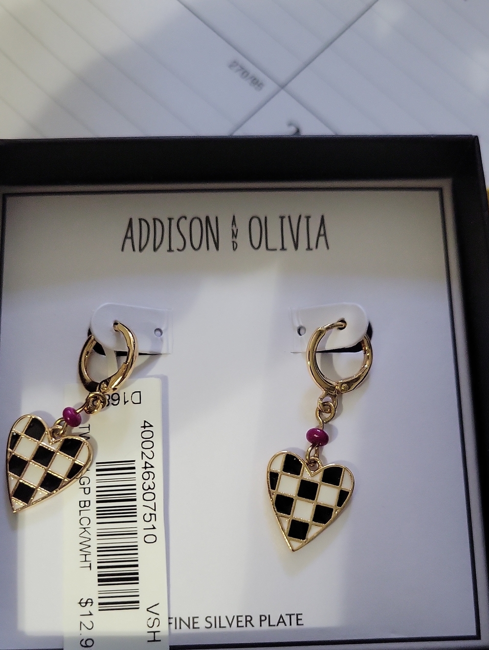 Addison and Olivia Gold Heart Drop Earrings with Black and White Check